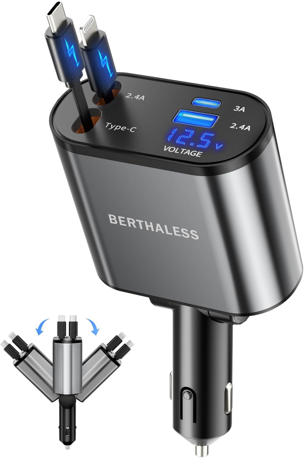 4-in-1 Retractable Car Charger Fast Charging Adapter with USB-C & USB-A for iPhone, Samsung & Android